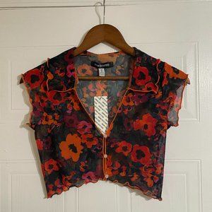 Urban Outfitters Open-Front Floral Mesh Top NWT